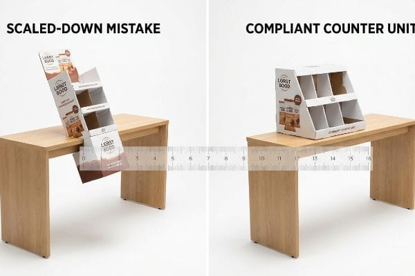 Two LORGT BOOD cardboard counter displays on a wooden table, one a 'Scaled-Down Mistake' hanging off, the other a 'Compliant Counter Unit' fitting perfectly.