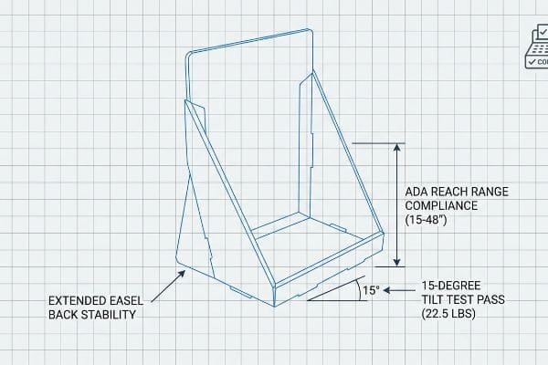 Blueprint drawing of a counter display showing Extended Easel Back Stability, ADA Reach Range Compliance (15-48