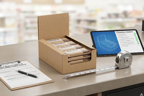 Brown cardboard display box of Nutrition Bars, a measuring tape, and a tablet showing a compliance checklist and blueprint, alongside a Canada Reach Limits audit form.