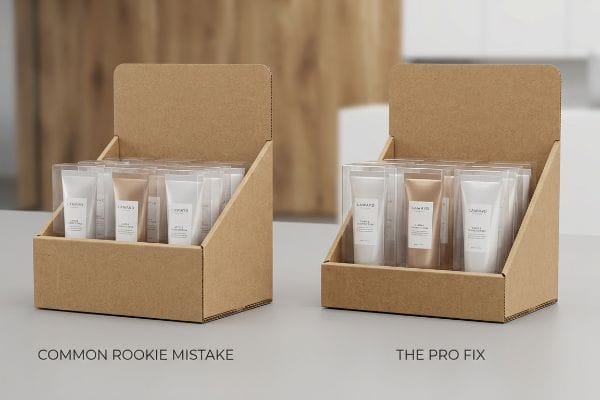 Kraft cardboard counter displays contrasting a Common Rookie Mistake (high lip) with The Pro Fix (dropped front wall) for Lamars product visibility.