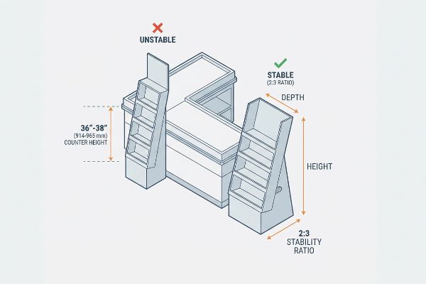 Diagrama que compara expositores de mostrador estables e inestables, ilustrando la relación de estabilidad de profundidad a altura de 2:3 y una altura de mostrador de 36 a 38 pulgadas.
