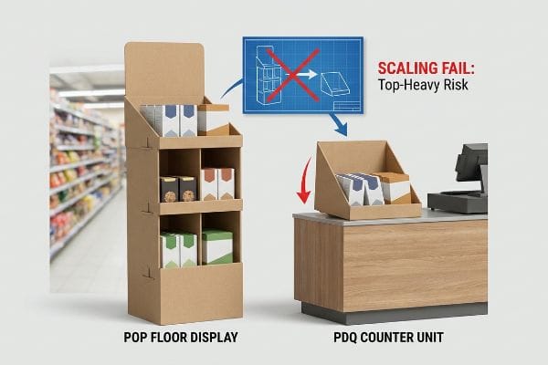 Cardboard POP Floor Display and PDQ Counter Unit illustrate a Scaling Fail: Top-Heavy Risk, showing an unstable scaled-down design.