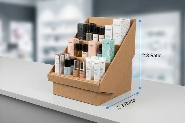 Brown cardboard three-tier countertop display unit with Laohea cosmetics, highlighting the 2:3 Ratio for fixture stability.