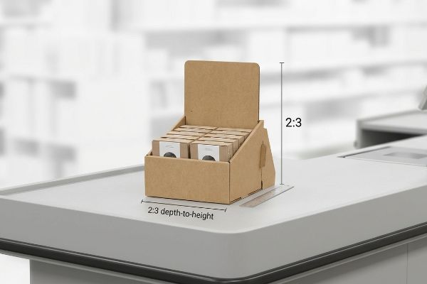 Expositor de punto de venta de cartón corrugado marrón, con una relación de profundidad a altura de 2:3, lleno de cajas de productos.