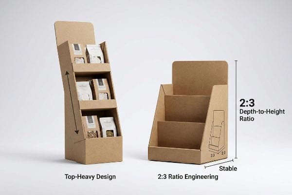 Kraft cardboard displays compare a top-heavy design with a stable 2:3 Depth-to-Height Ratio engineering for countertop stability.