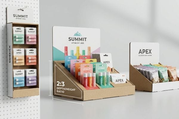 A kraft cardboard countertop display for Summit Lip Balm Tubes illustrates the 2:3 Depth/Height Ratio, positioned next to a white Sidekick and an Apex countertop unit.