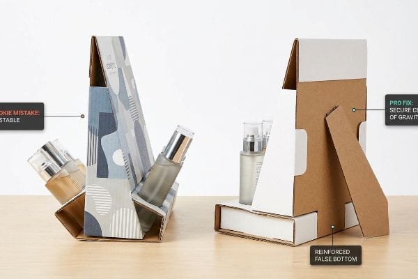 Cardboard cosmetic countertop display comparison: Unstable Rookie Mistake vs. Pro Fix with Reinforced False Bottom and Secure Center Of Gravity.