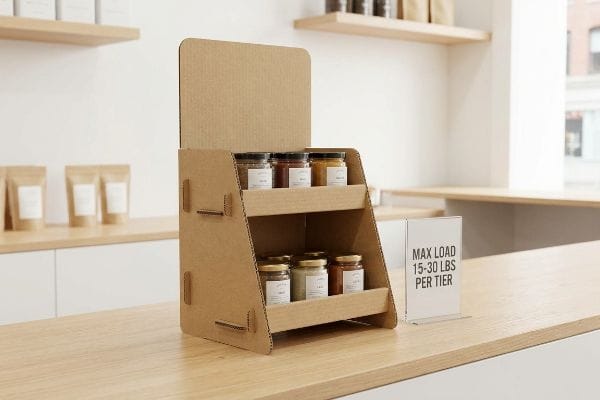 A retail countertop features a two-tier corrugated cardboard display rack holding eight jars of various products, with a sign indicating 'Max Load 15-30 Lbs Per Tier'.