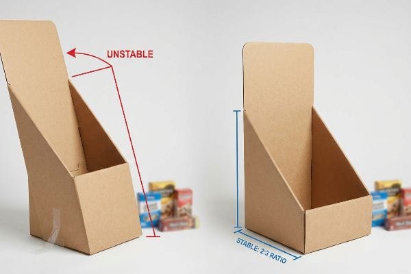 Natural kraft cardboard countertop display units illustrating structural stability: one Unstable with a red arrow, one Stable with a 2:3 Ratio.