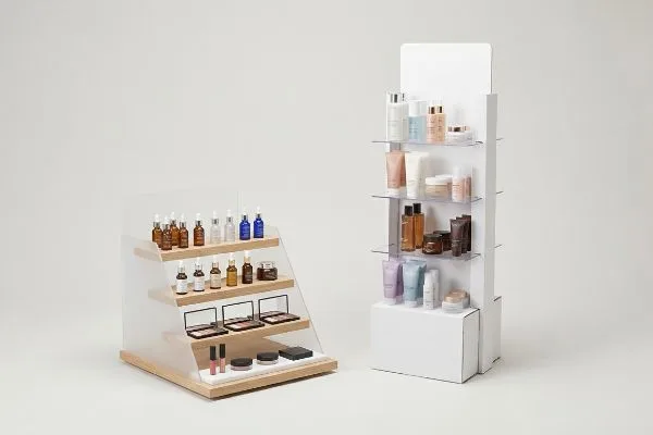 Eine Studioaufnahme zeigt einen mehrstufigen Kosmetik-Thekenaufsteller aus Acryl mit Seren und Make-up sowie einen hohen, freistehenden weißen Bodenaufsteller mit Hautpflegeprodukten.