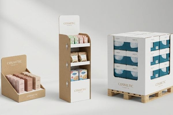 Three distinct cardboard displays, including a countertop tray, freestanding floor unit, and bulk pallet merchandiser, all branded Cosmetic.