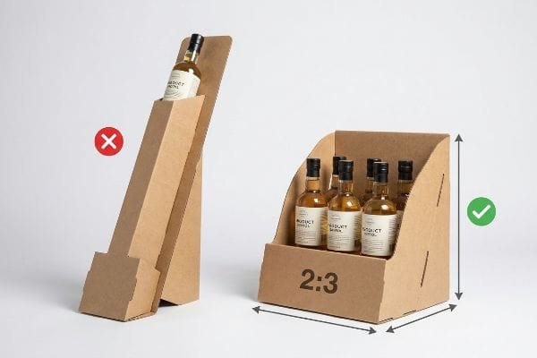 Expositor de mostrador de cartón Kraft, unidad PDQ estable con relación 2:3 para botellas de productos de hotel, en contraste con el diseño alto e inestable.