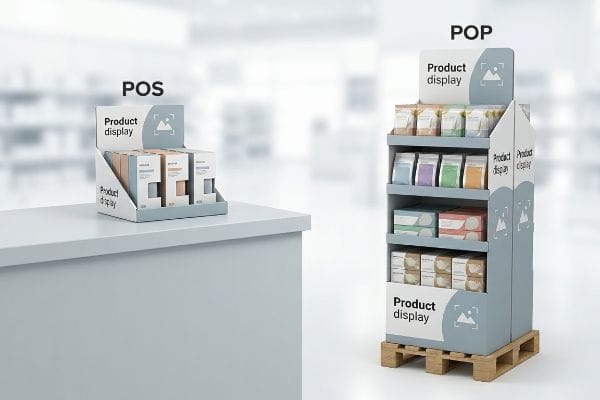 A countertop POS display with small boxes and a floor-standing POP display on a pallet, both featuring 'Product Display' text, highlighting retail compliance differences.