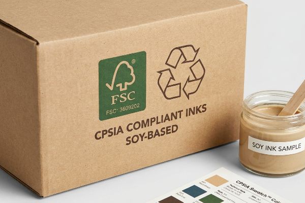 Brown corrugated box features FSC 3609202 and recycling symbols, Cpsia Compliant Inks, Soy-Based text. A Soy Ink Sample jar and color swatch are present.