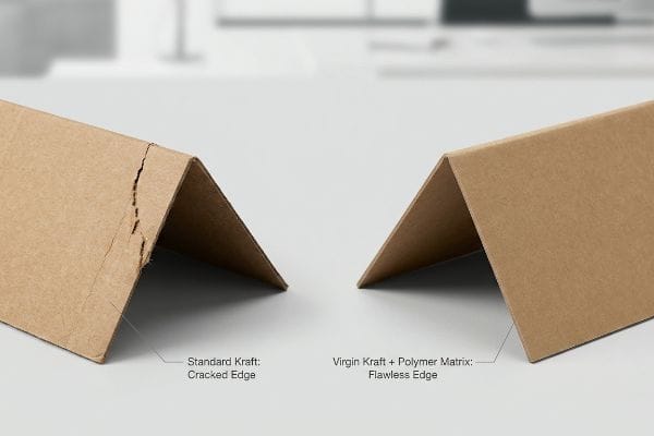 Brown kraft board comparison showing Standard Kraft with a Cracked Edge versus Virgin Kraft + Polymer Matrix with a Flawless Edge.