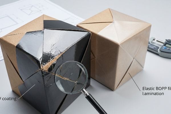 Cracked UV coating on a brown paperboard box, magnified to show micro-fractures, contrasted with a smooth Elastic BOPP Film Lamination box.