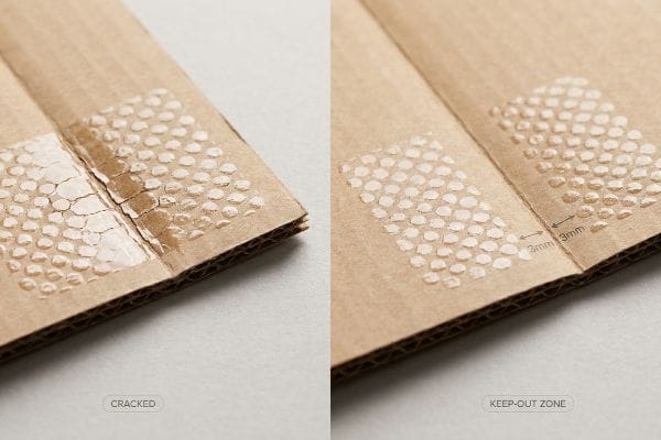 Corrugated cardboard with cracked UV spot gloss on a fold, contrasted with an intact Keep-Out Zone showing 3mm clearance.
