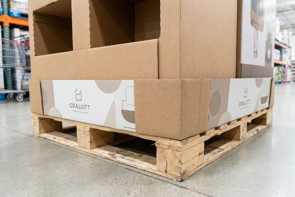 Corrugated CRALIOTT brand display with pallet wrap concealing a wooden shipping skid in a warehouse club.