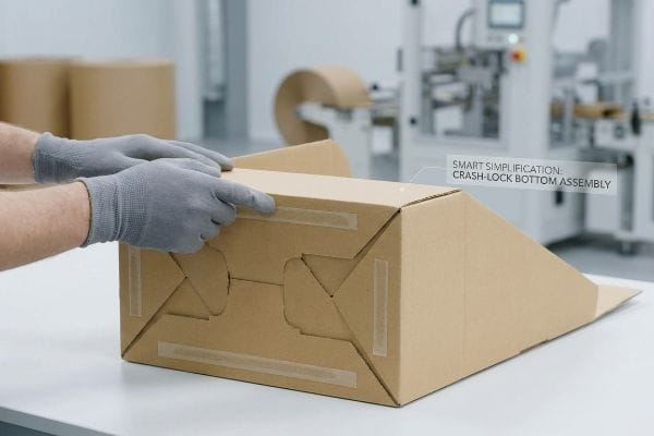 Corrugated cardboard box with a Crash-Lock Bottom Assembly being folded by gloved hands, demonstrating Smart Simplification.