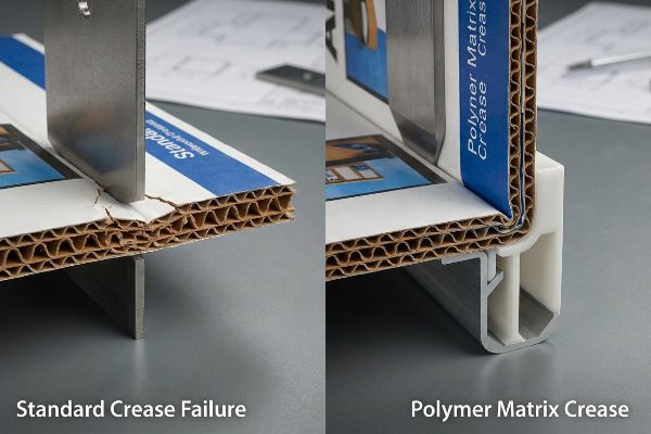 Corrugated board displays Standard Crease Failure with cracked fibers versus a clean Polymer Matrix Crease using a white channel.