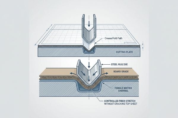 Diagram showing a steel rule die creating a crease path on board grade, with a female matrix channel controlling fiber stretch without cracking the top sheet.