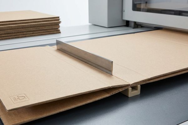 Corrugated virgin board being precisely creased by a steel rule die on a flatbed machine, demonstrating the matrix channel profiling process.