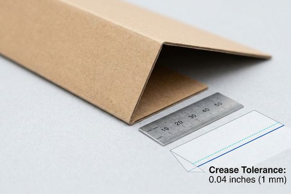 Brown kraft paperboard fold with a ruler, showing Crease Tolerance: 0.04 inches (1 mm), crucial for preventing litho-cracking.