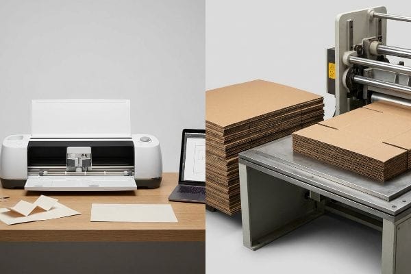 White Cricut machine and industrial die cutter with corrugated cardboard, comparing craft prototyping to mass production.