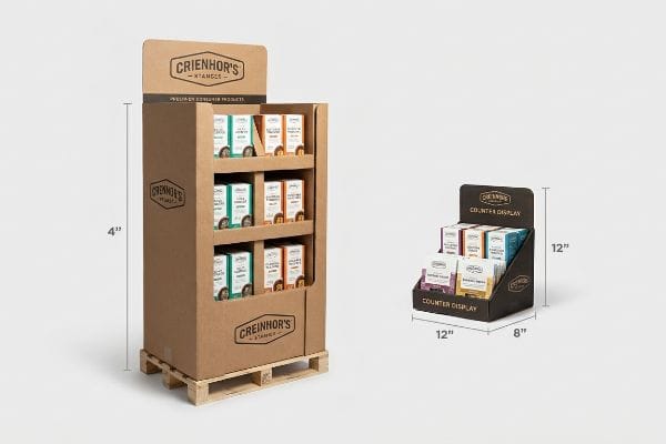 Brown corrugated Crienhor's floor display on a pallet, beside a dark 12-inch Crienhor's Counter Display, highlighting separate retail solutions.