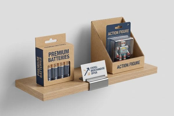 A retail display on a wooden shelf showcases Premium Batteries, a Cross-Merchandise Offer sign, and an Action Figure robot toy.