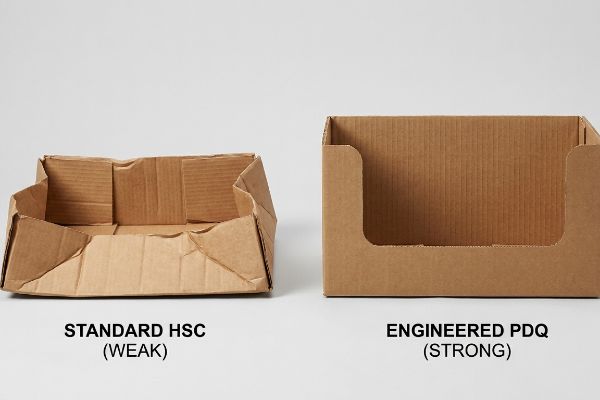 Crumpled Standard Hsc (Weak) corrugated box compared to a sturdy Engineered Pdq (Strong) shelf-ready display, highlighting packaging strength.