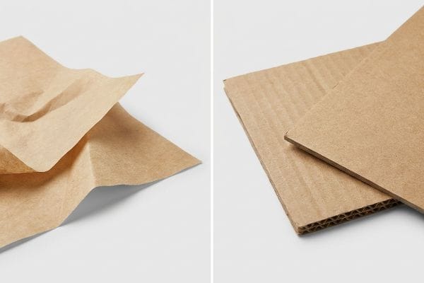 Crumpled brown kraft paper lies beside rigid corrugated cardboard sheets, illustrating the difference between lightweight and industrial paperboards.