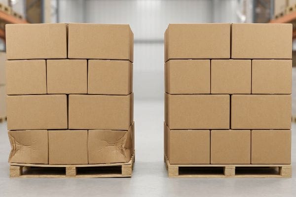 Cajas de cartón corrugado marrón sobre palés; una pila tiene una caja inferior aplastada por el peso comprimido, en contraste con otra pila intacta.