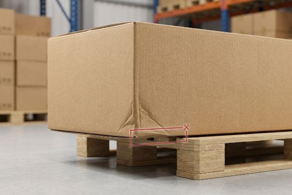 Damaged corrugated box corner overhanging a wooden pallet, showing compression failure in warehouse logistics.
