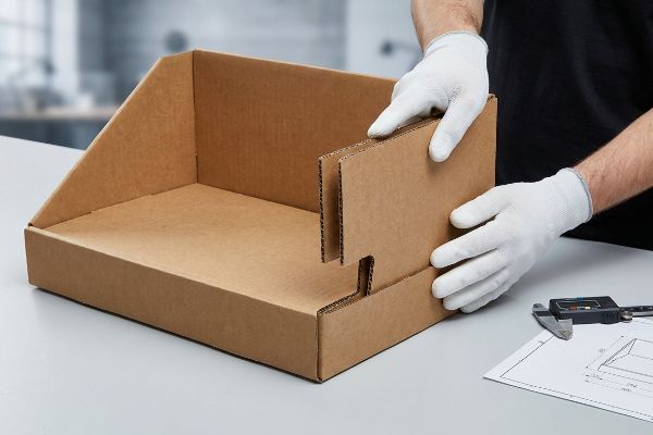 Brown corrugated cardboard CTU assembly, a gloved hand inserting a divider panel into precision slots, with a digital caliper.