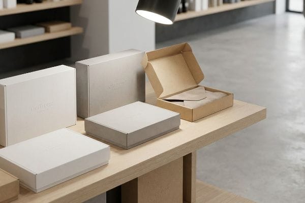 Arranged on a light wooden display table, various retail packaging boxes are showcased, including white and grey boxes with embossed 'Culture' branding, and an open kraft corrugated box containing brown tissue paper.