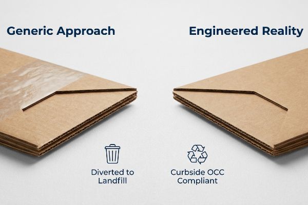 Corrugated cardboard comparison shows 'Generic Approach' with bio-plastic film, 'Diverted to Landfill', contrasting 'Engineered Reality', 'Curbside OCC Compliant'.