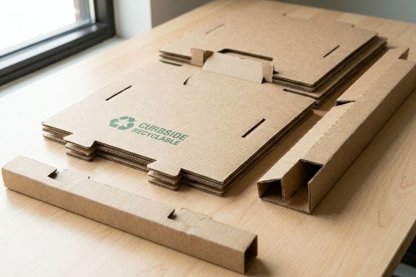 Flat-packed corrugated cardboard components for eco-friendly pallet displays, featuring a
