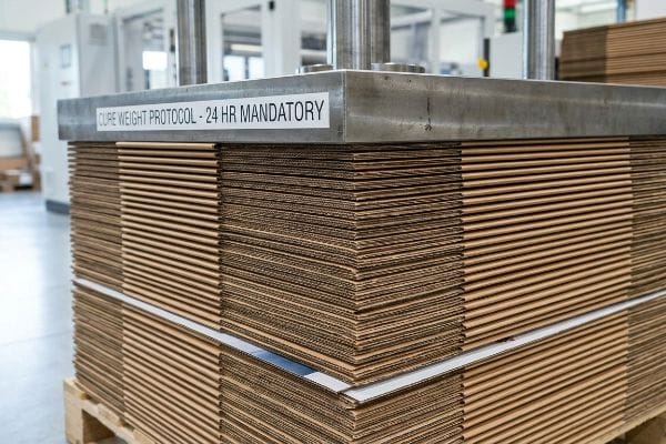 Corrugated board stack under a metal press, labeled 'Cure Weight Protocol - 24 Hr Mandatory', ensuring flat lamination.