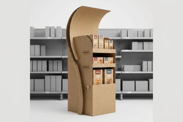 Corrugated cardboard POP display with a curved header, showcasing Dolcezza and Proline pancake mix on three shelves, disrupting standard retail aisles.