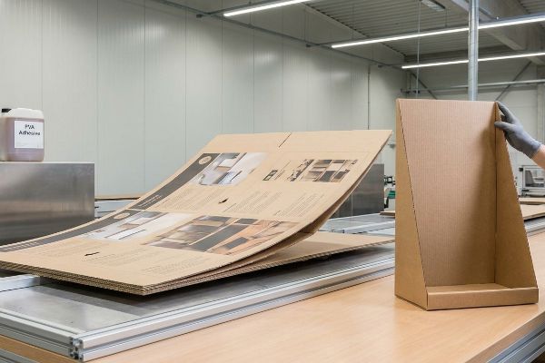 Curving printed corrugated cardboard sheet with product images on a production line, near 'PVA Adhesive', worker assembling a display.