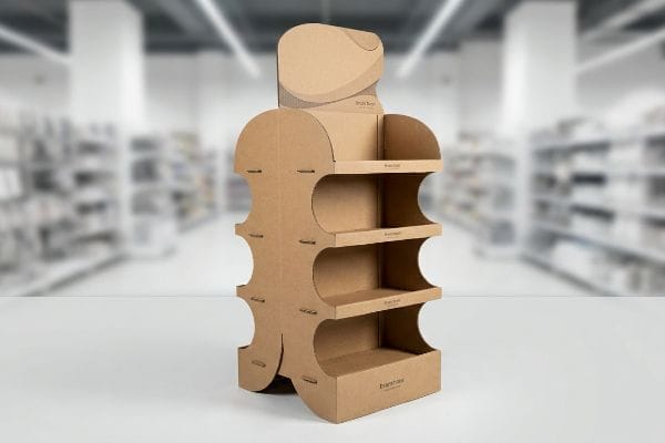 Kraft corrugated cardboard display with curvy die-cut design and multiple shelves for retail, featuring 'Brush Begin' on the header.
