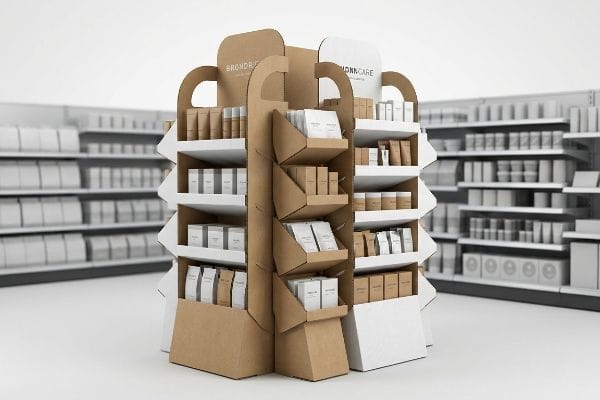 Brown corrugated pop-up display with curvy headers, staggered white shelves, BRONDBRIG, MONKCARE skincare.