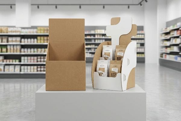 Expositor POP de cartón kraft troquelado con bolsas de producto junto a una caja de cartón marrón vacía sobre un pedestal en el pasillo de un supermercado.