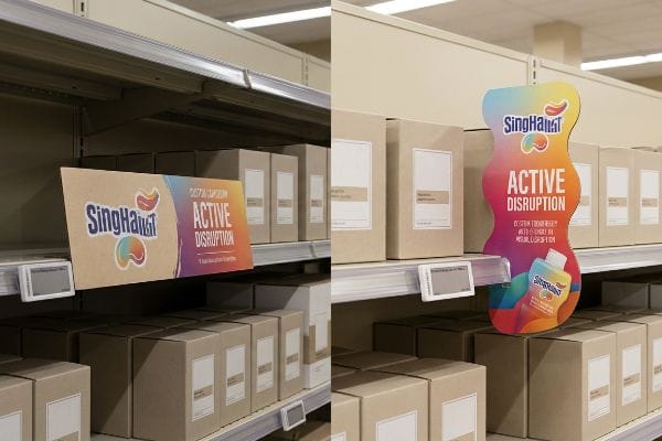 Two SingHaHut in-store advertising displays on retail shelves, contrasting a flat rectangular Active Disruption shelf talker with a vibrant, curvy die-cut display for visual disruption.