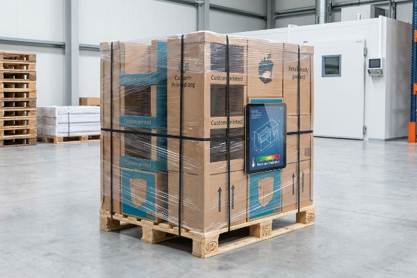 Palletized custom printed retail-ready boxes, displaying a tablet with structural integrity test diagram.