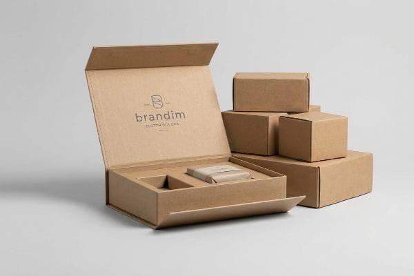 Open kraft brown custom cardboard box with 'Brandim Custom Box Box' text and product insert, contrasting with plain shipping boxes.