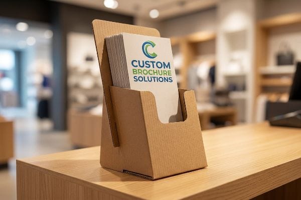 A custom cardboard brochure holder displays
