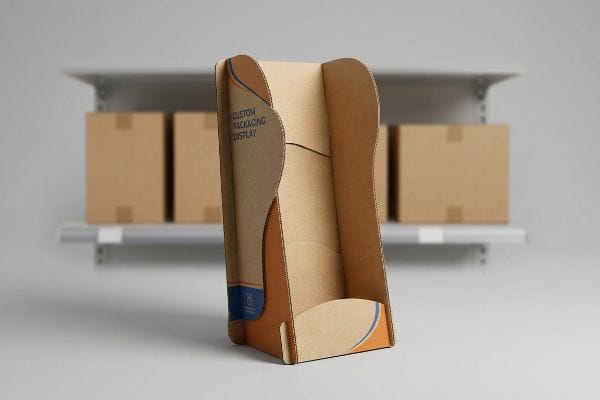 Custom Packaging Display made of corrugated cardboard, featuring a curvy, die-cut shape and blue accents, designed for visual disruption.
