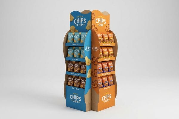 Custom die-cut cardboard retail display in blue and orange, featuring Chips, Snack Pretzels, and Pretzel Snacks for visual disruption.